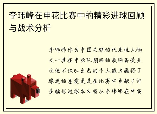 李玮峰在申花比赛中的精彩进球回顾与战术分析